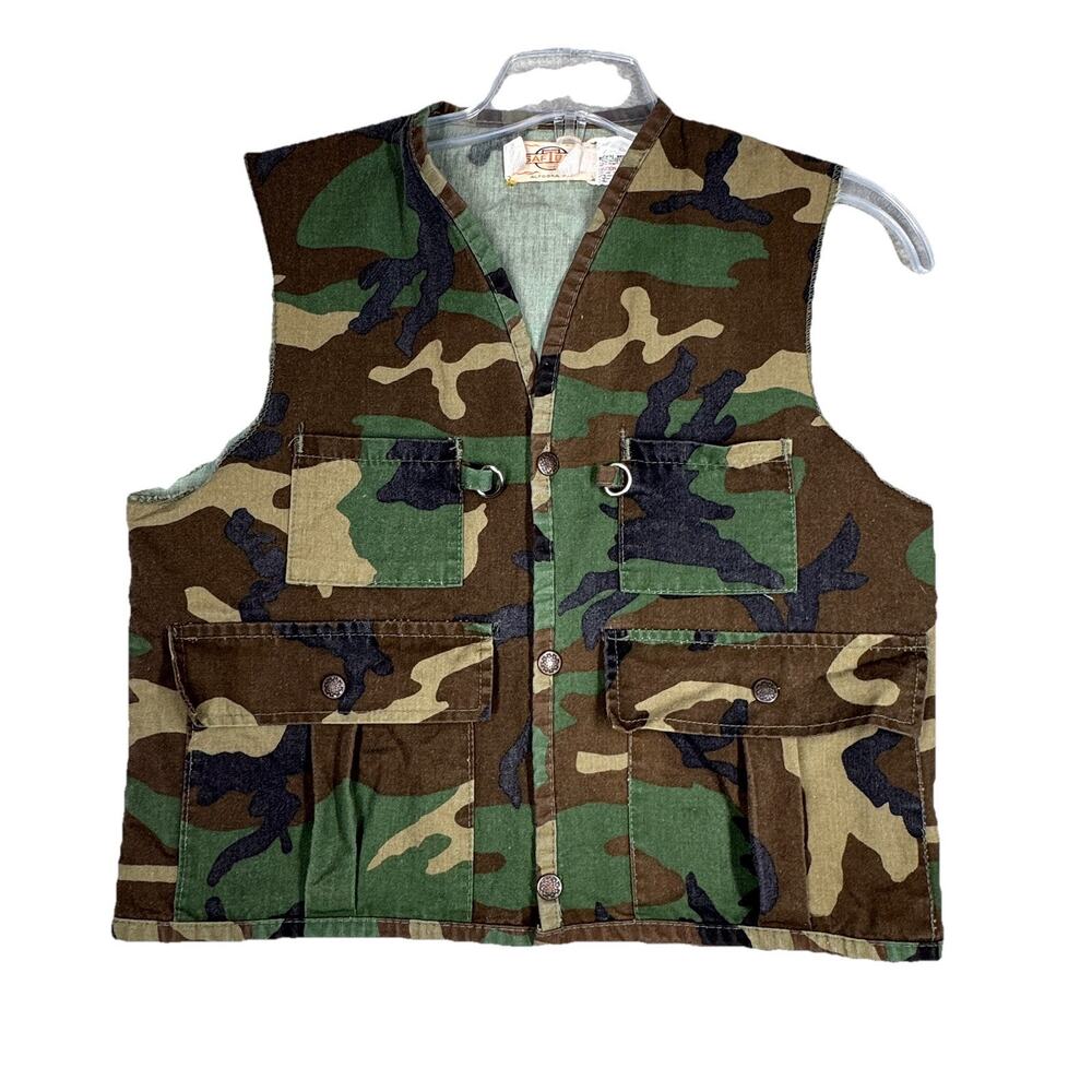 SafTbak Vest Mens Large‎ Green Camo Hunting Woodland Fishing USA Utility Vintage